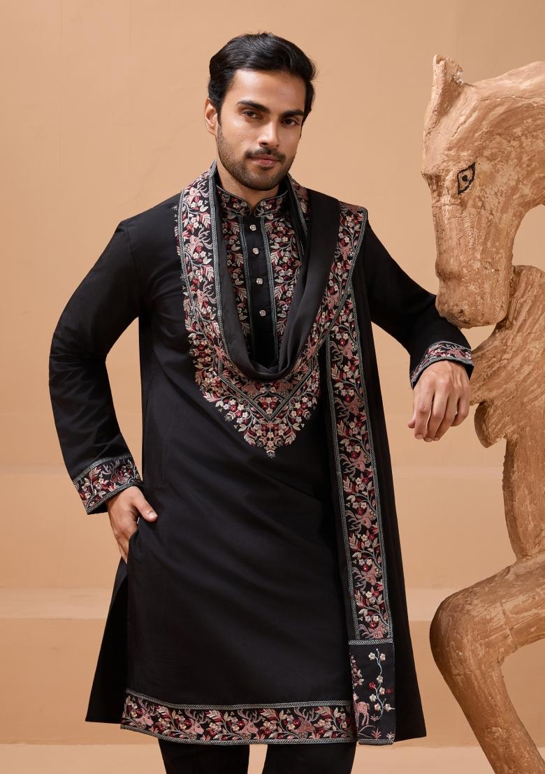 Black Embroidery Silk Kurta Set For Men - Indya