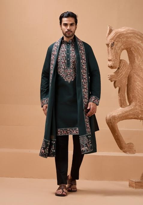 Green Embroidery Silk Blend Kurta Set For Men