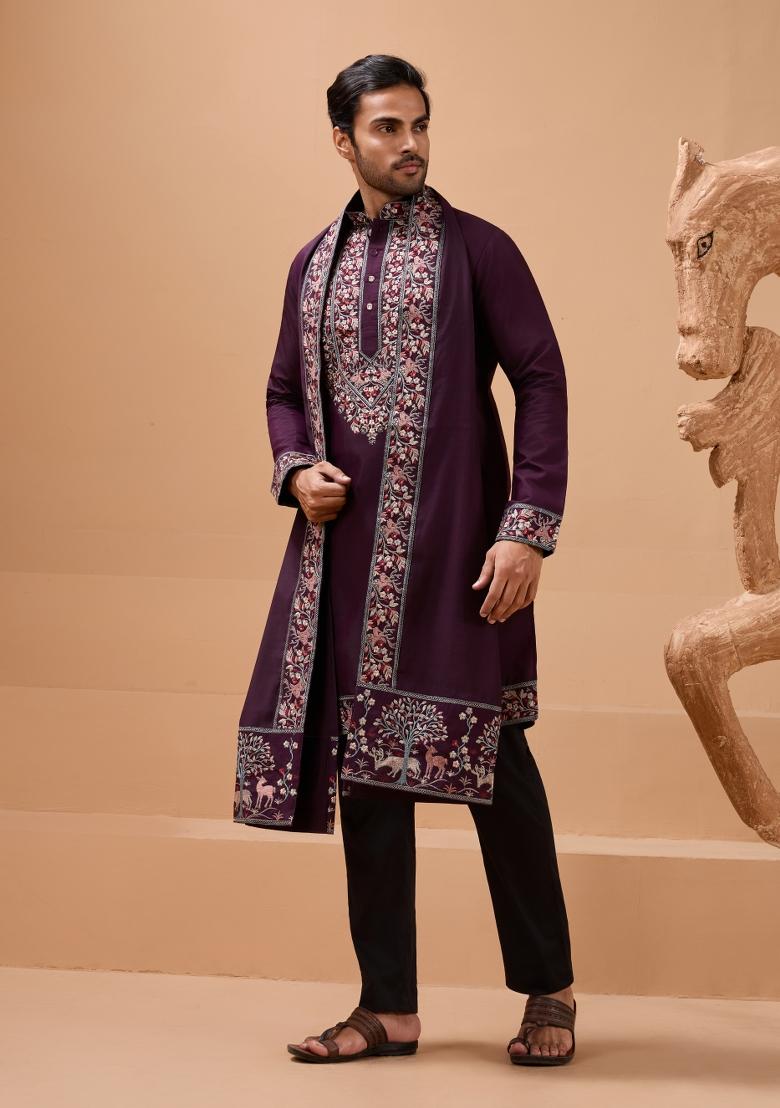 Purple Embroidery Silk Kurta Set For Men - Indya
