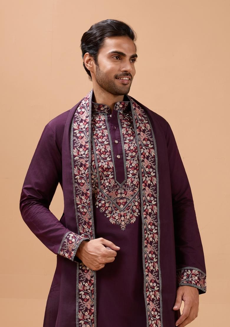 Purple Embroidery Silk Kurta Set For Men - Indya