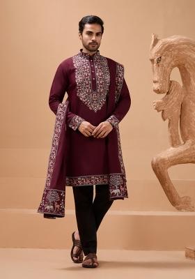 Maroon Embroidery Silk Kurta Set For Men