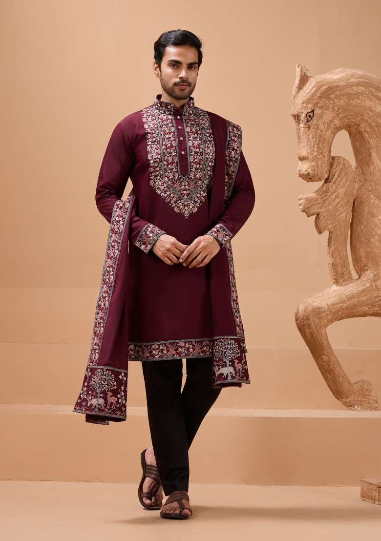 Maroon Embroidery Silk Blend Kurta Set For Men - Indya