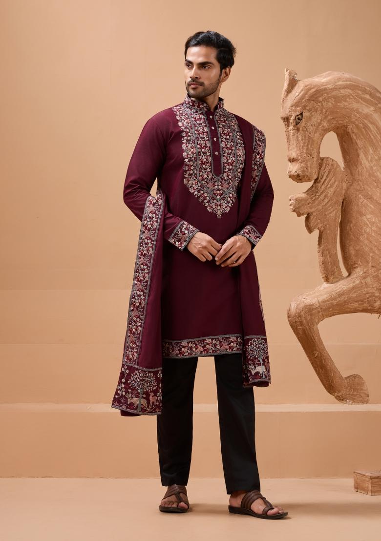 Maroon Embroidery Silk Kurta Set For Men - Indya