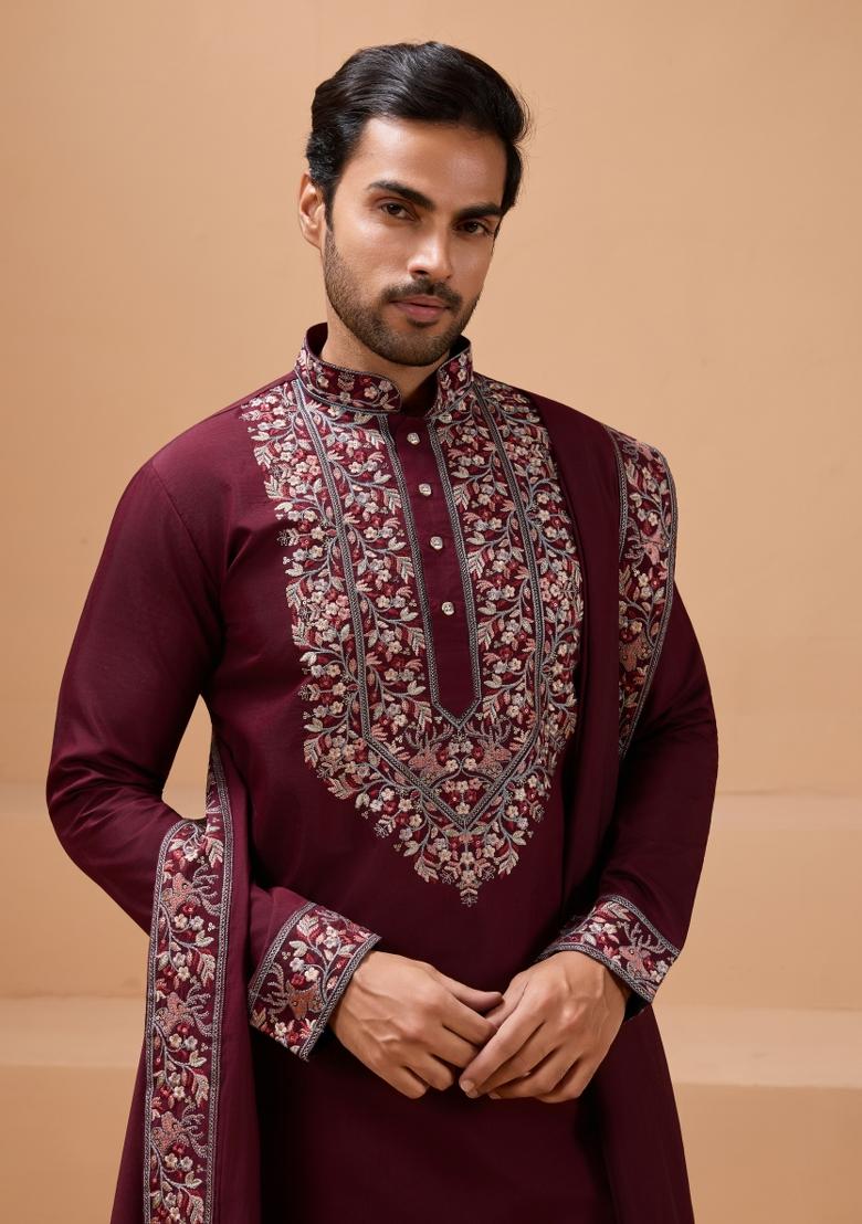 Maroon Embroidery Silk Kurta Set For Men - Indya