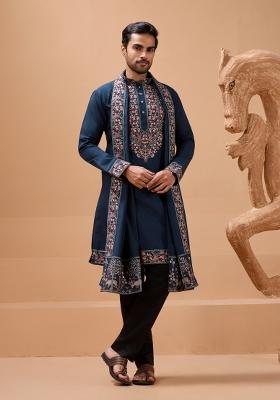 Teal Blue Embroidery Silk Kurta Set For Men