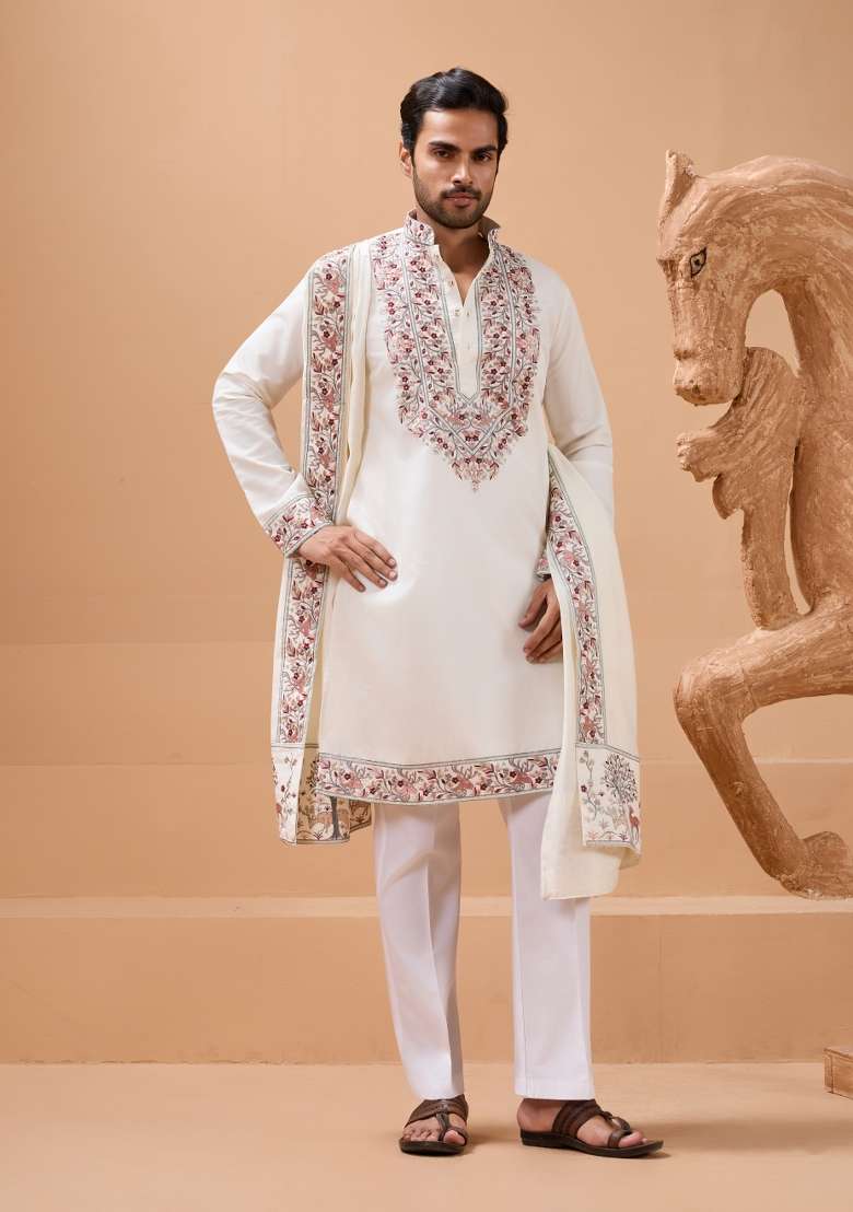 White Embroidery Silk Blend Kurta Set For Men - Indya