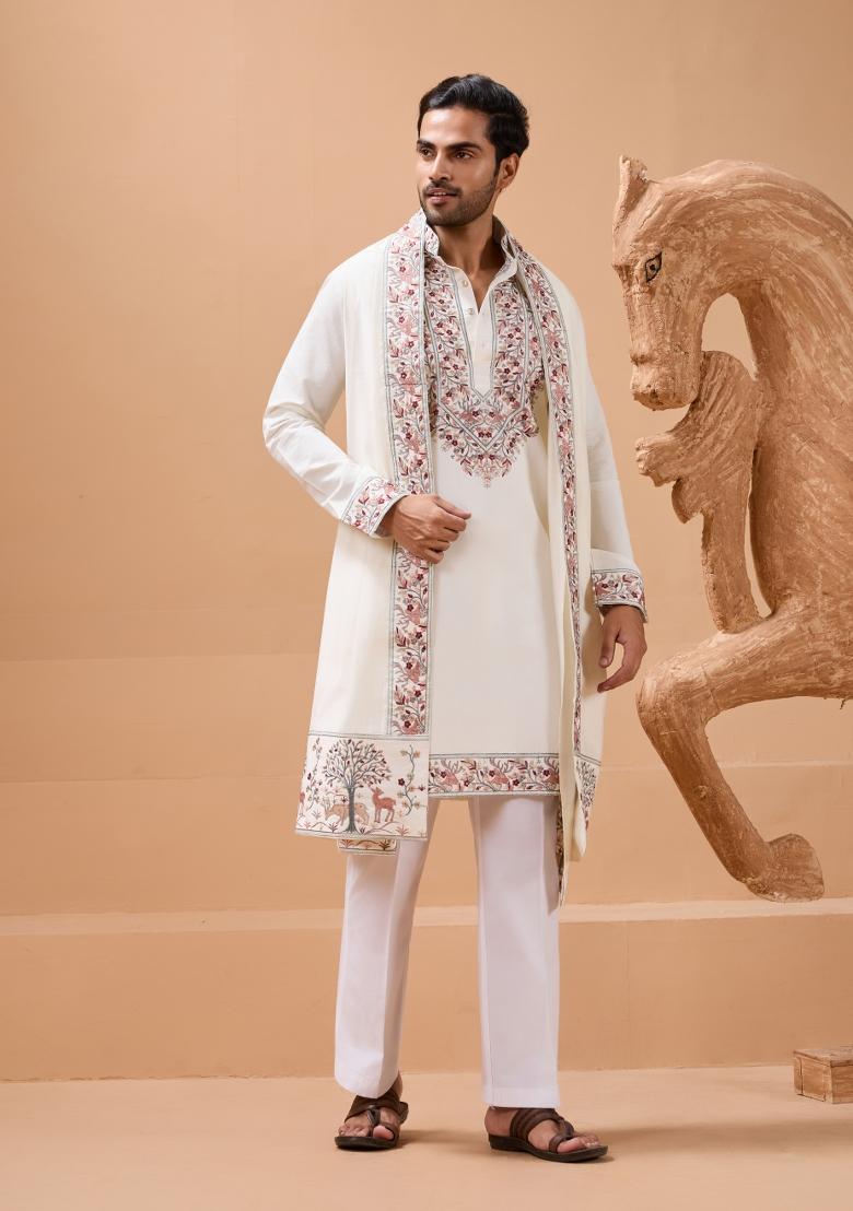 White Embroidery Silk Kurta Set For Men - Indya