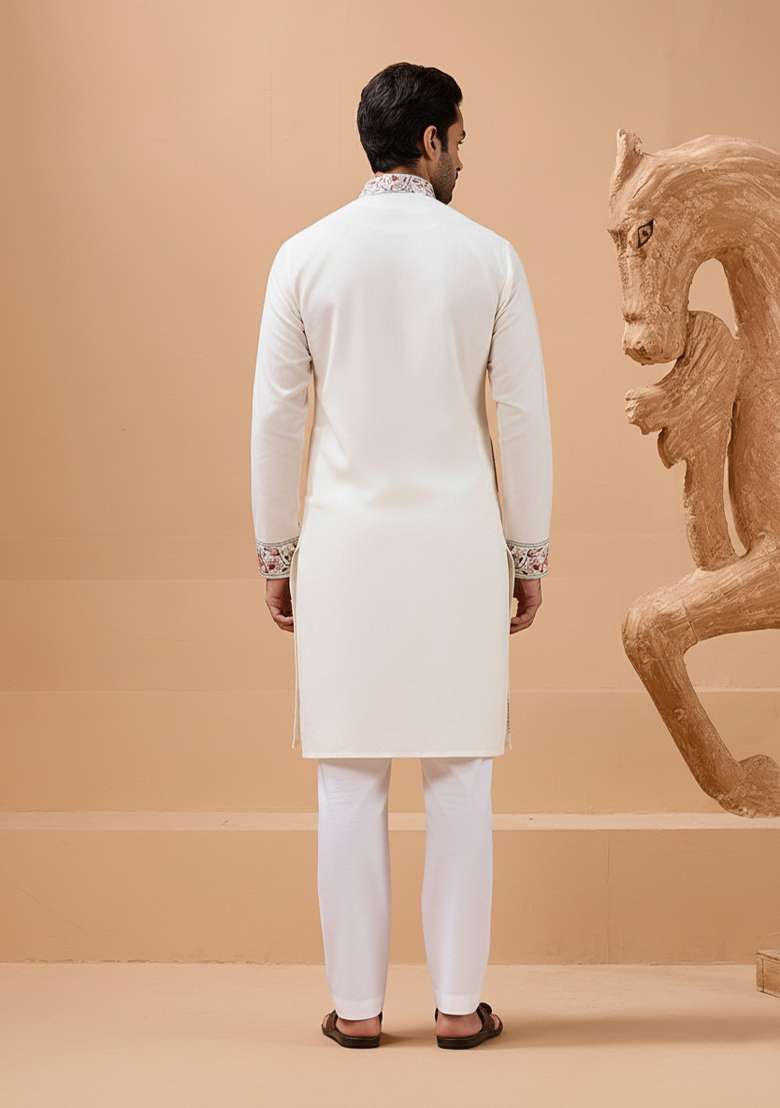 White Embroidery Silk Blend Kurta Set For Men - Indya