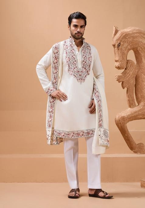 White Embroidery Silk Blend Kurta Set For Men