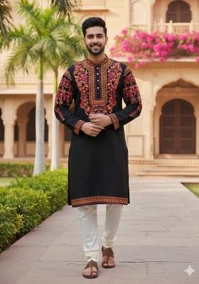 Black Multicoloured Thread Neck Work Silk Kurta Set For Men