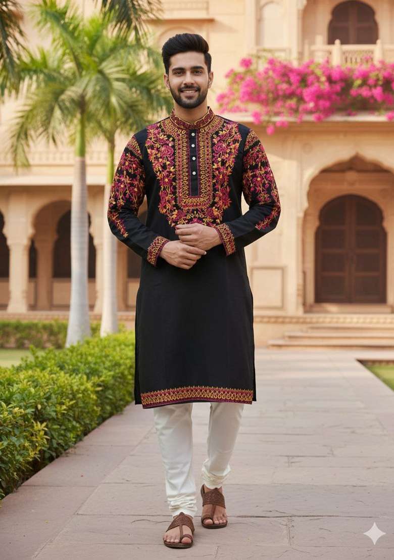 Black Multicoloured Thread Neck Work Silk Blend Kurta Set For Men - Indya