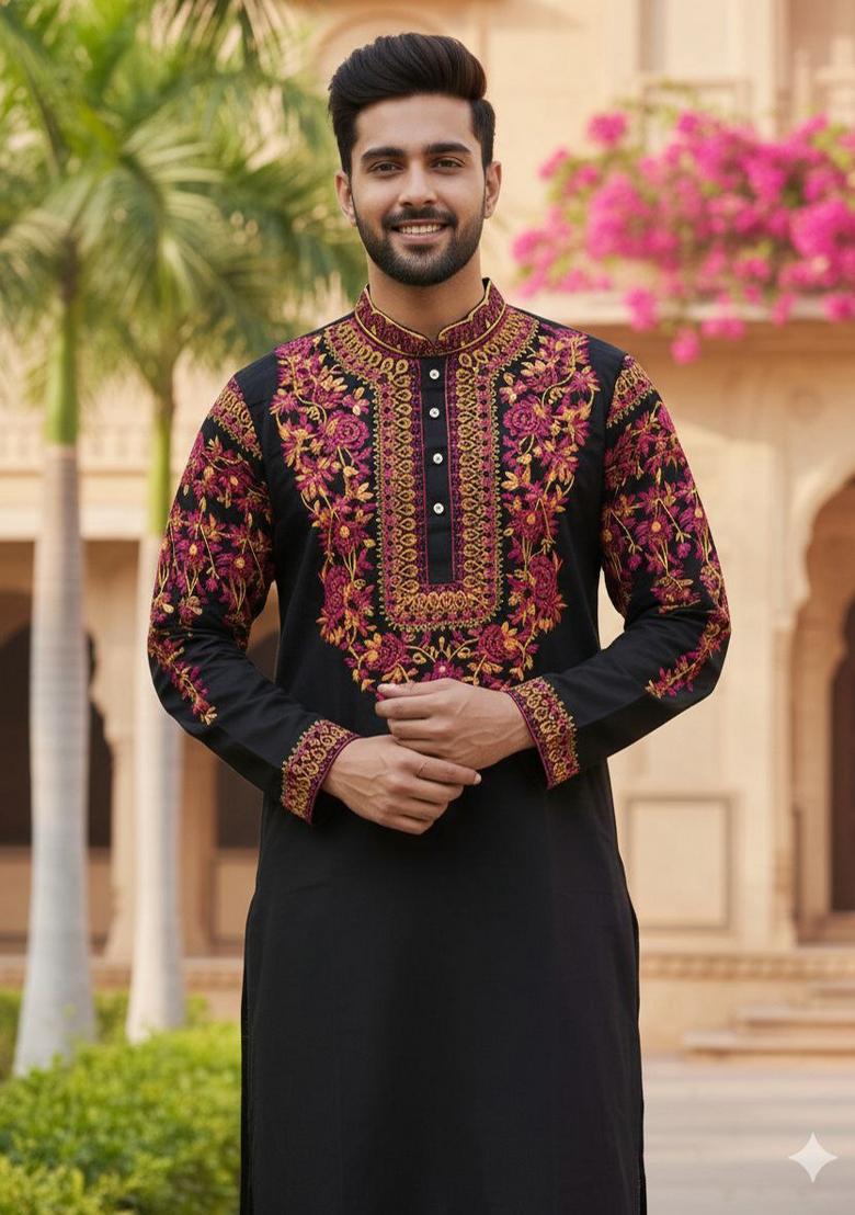Black Multicoloured Thread Neck Work Silk Kurta Set For Men - Indya