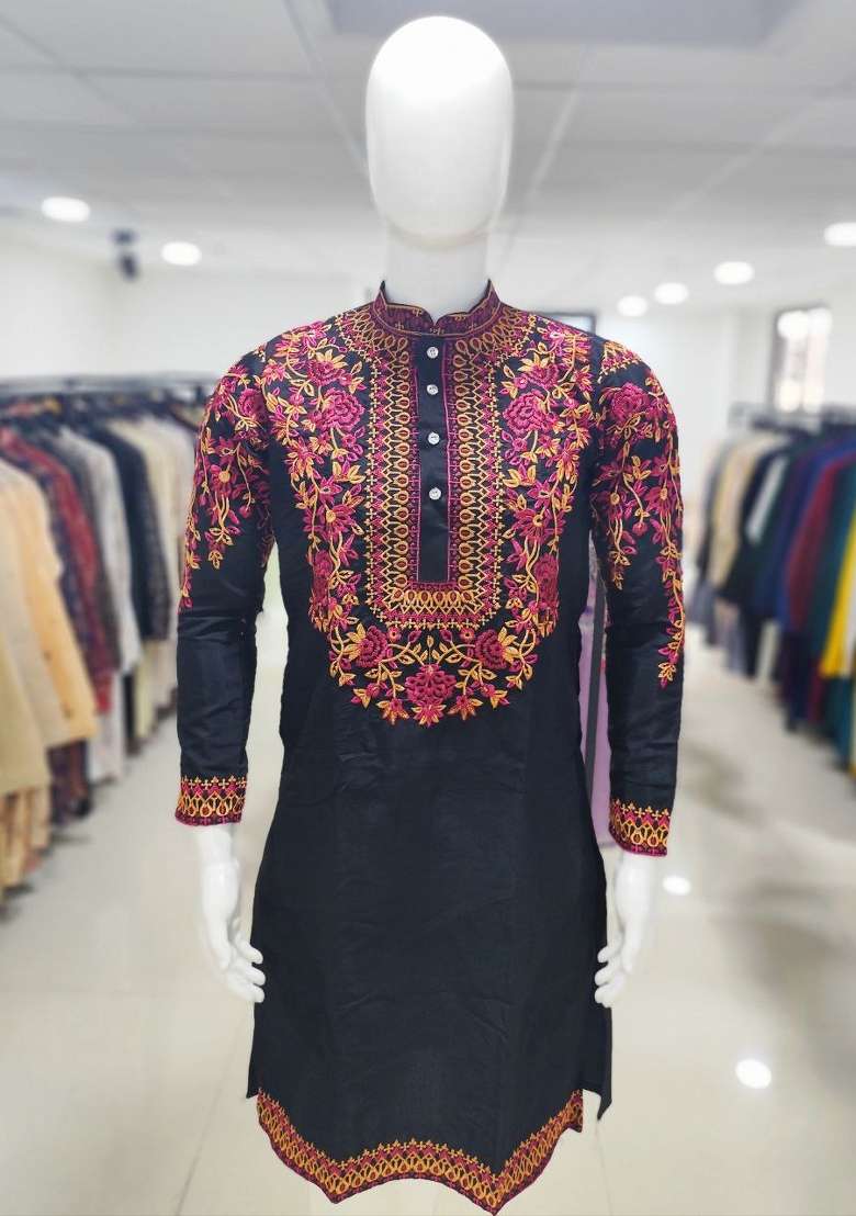 Black Multicoloured Thread Neck Work Silk Blend Kurta Set For Men - Indya