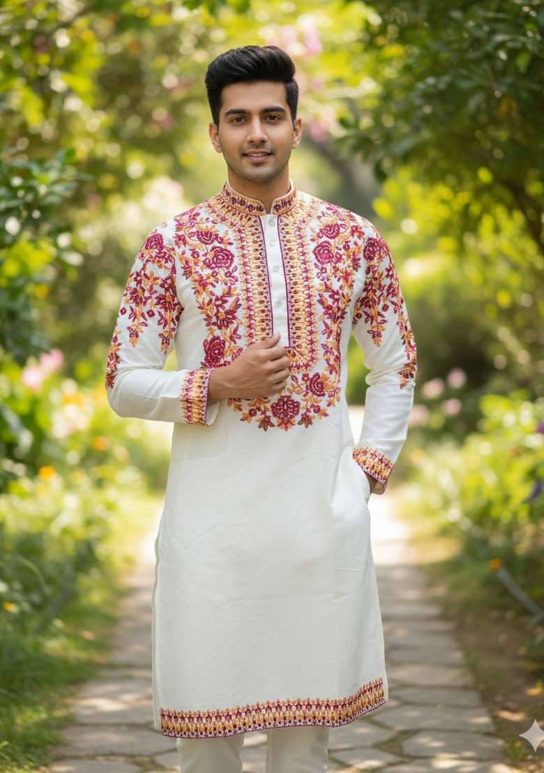 White Multicoloured Thread Neck Work Silk Blend Kurta Set For Men - Indya