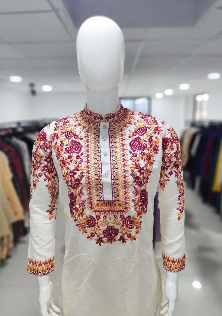 White Multicoloured Thread Neck Work Silk Kurta Set For Men - Indya