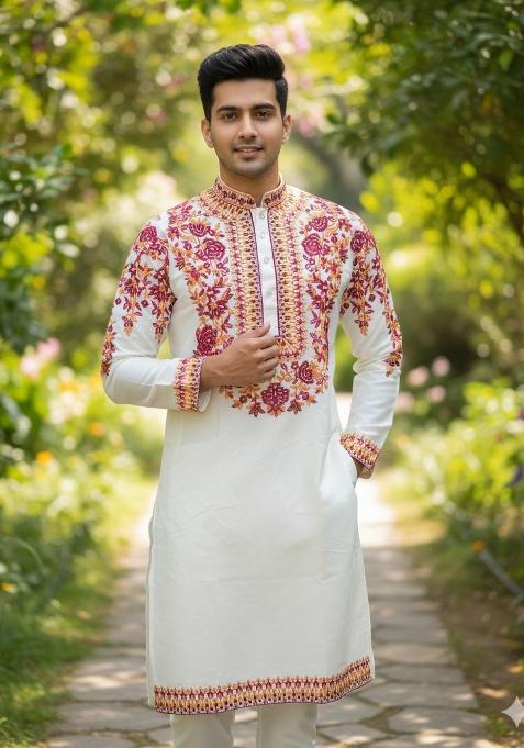 White Multicoloured Thread Neck Work Silk Blend Kurta Set For Men