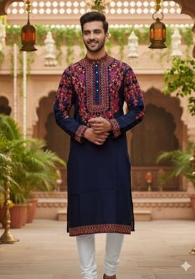 Navy Blue Multicoloured Thread Neck Work Silk Kurta Set For Men