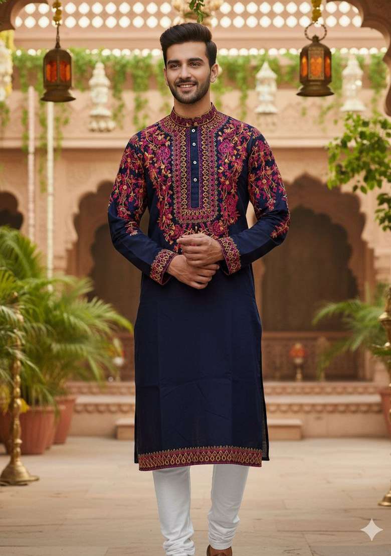 Navy Blue Multicoloured Thread Neck Work Silk Blend Kurta Set For Men - Indya