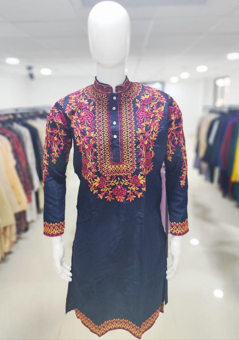Navy Blue Multicoloured Thread Neck Work Silk Kurta Set For Men - Indya