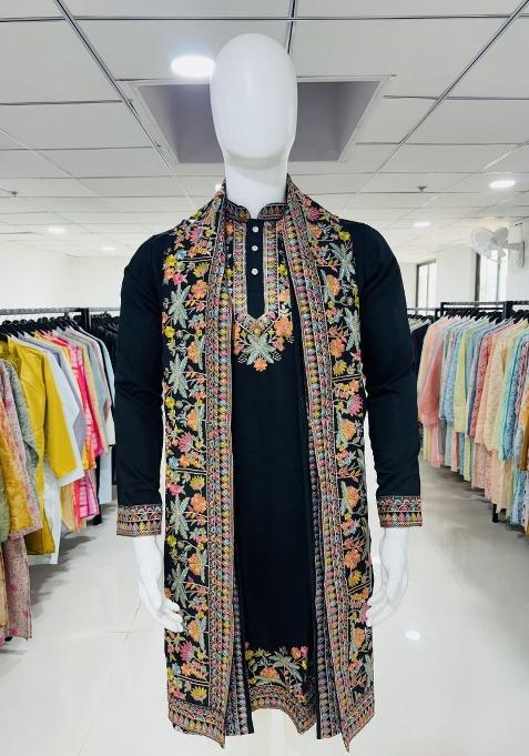 Black Embroidery Silk Kurta Set For Men