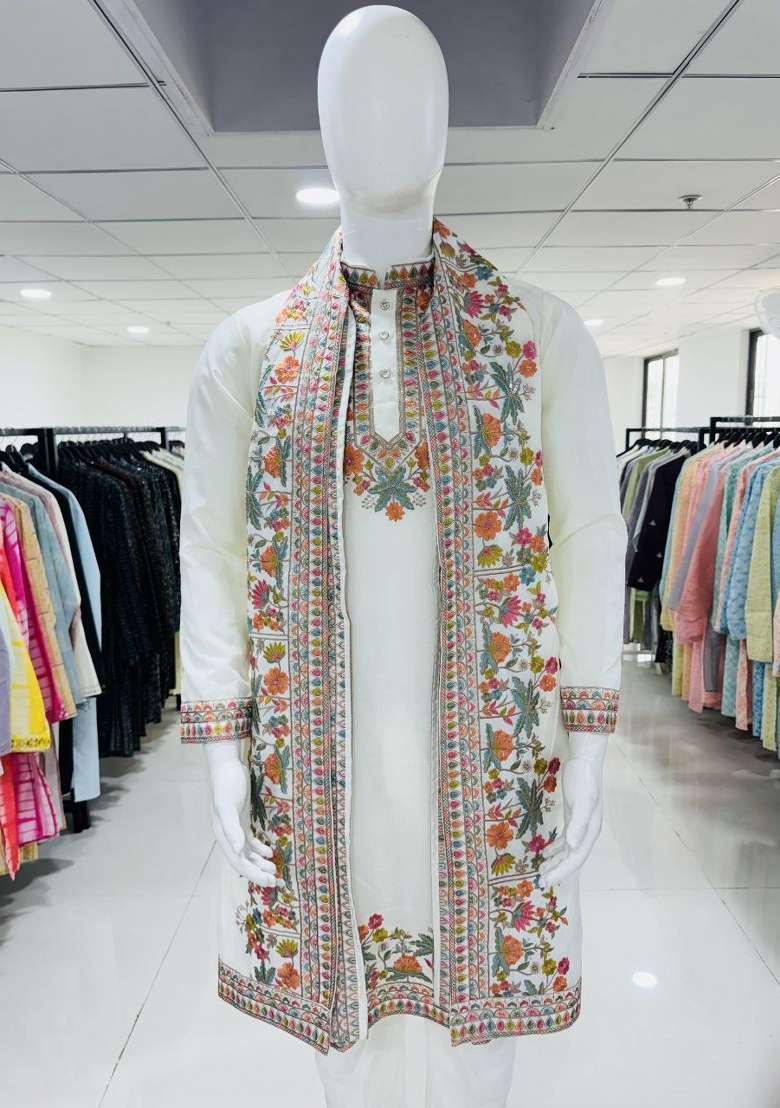 White Embroidery Silk Blend Kurta Set For Men - Indya