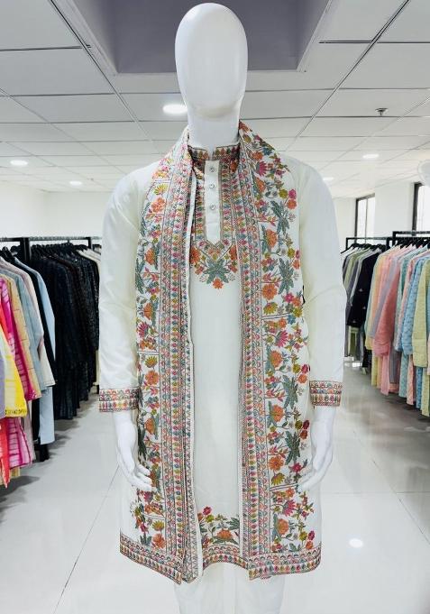 White Embroidery Silk Blend Kurta Set For Men