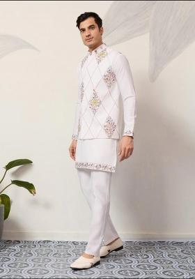 White Embroidery Silk Kurta Set For Men