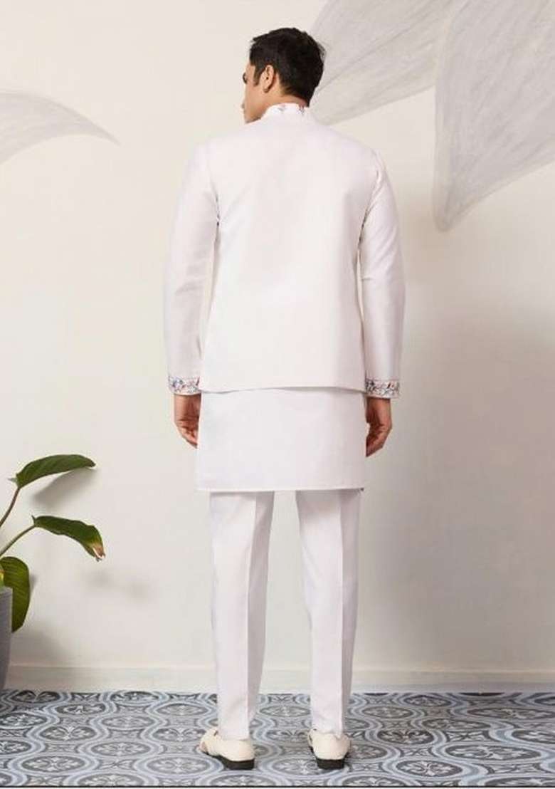 White Embroidery Silk Blend Kurta Set For Men - Indya