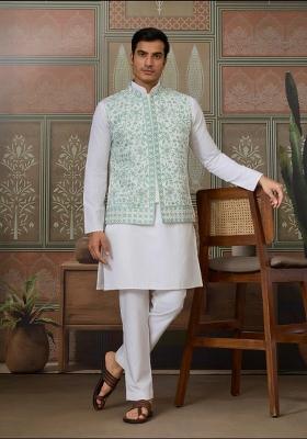 Green Embroidery Silk Kurta Set For Men