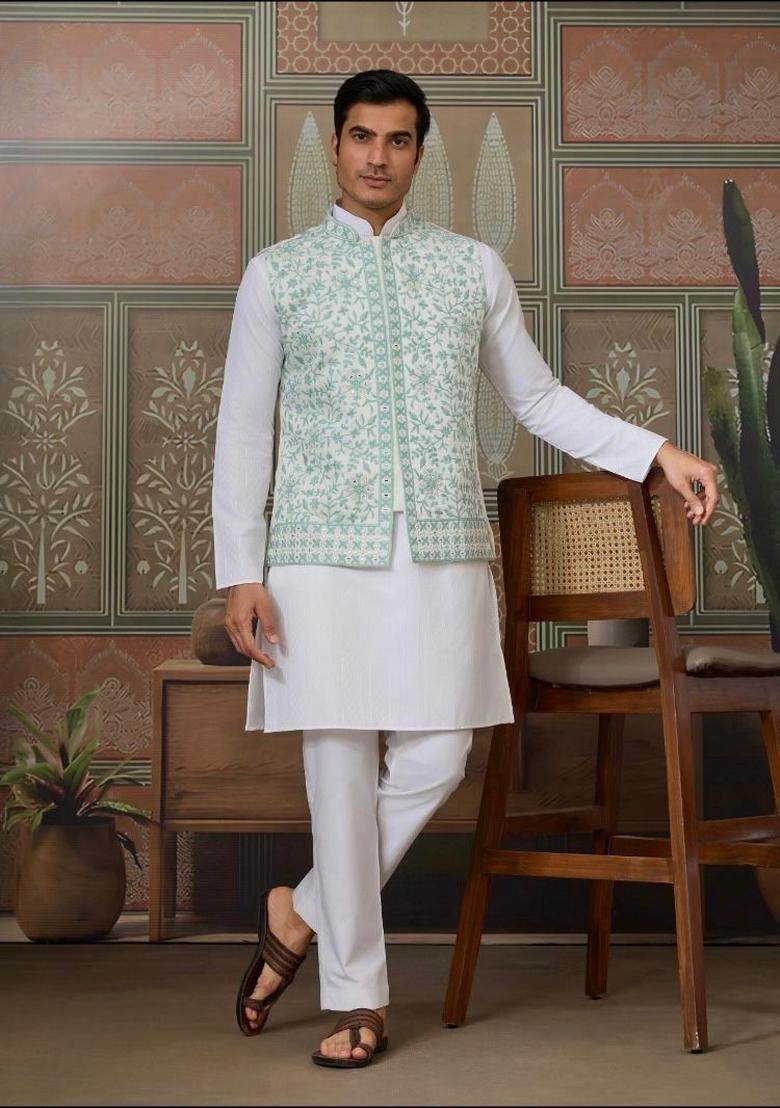 Green Embroidery Silk Kurta Set For Men - Indya