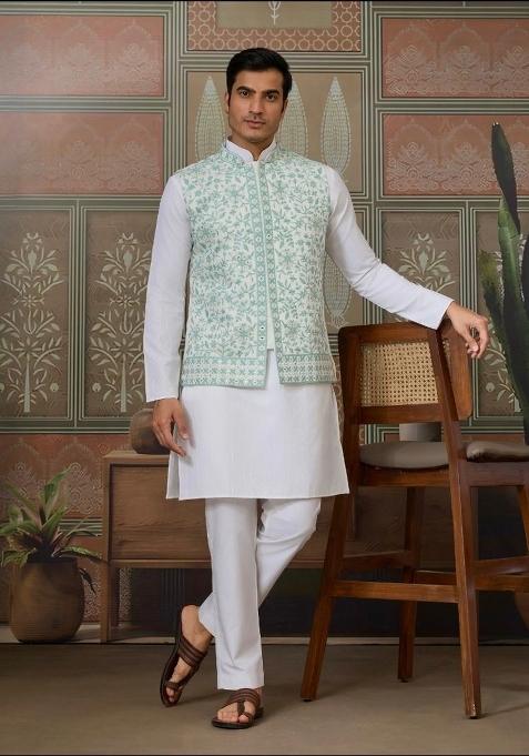 Green Embroidery Silk Blend Kurta Set For Men