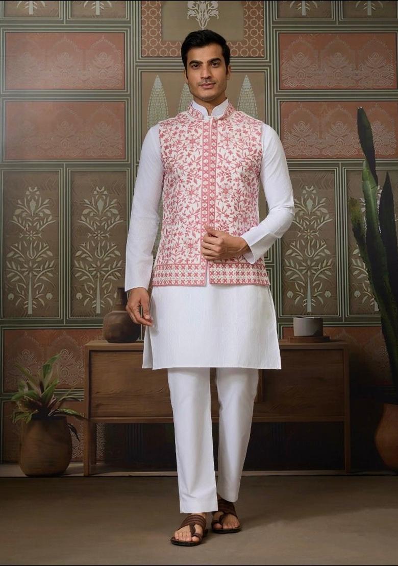 Pink Embroidery Silk Kurta Set For Men - Indya