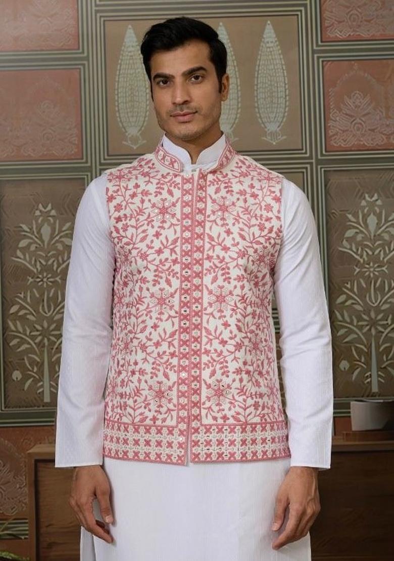 Pink Embroidery Silk Kurta Set For Men - Indya