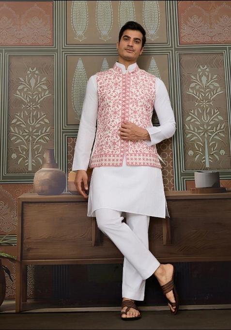 Pink Embroidery Silk Kurta Set For Men