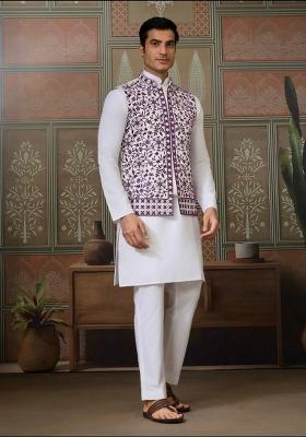 Purple Embroidery Silk Kurta Set For Men