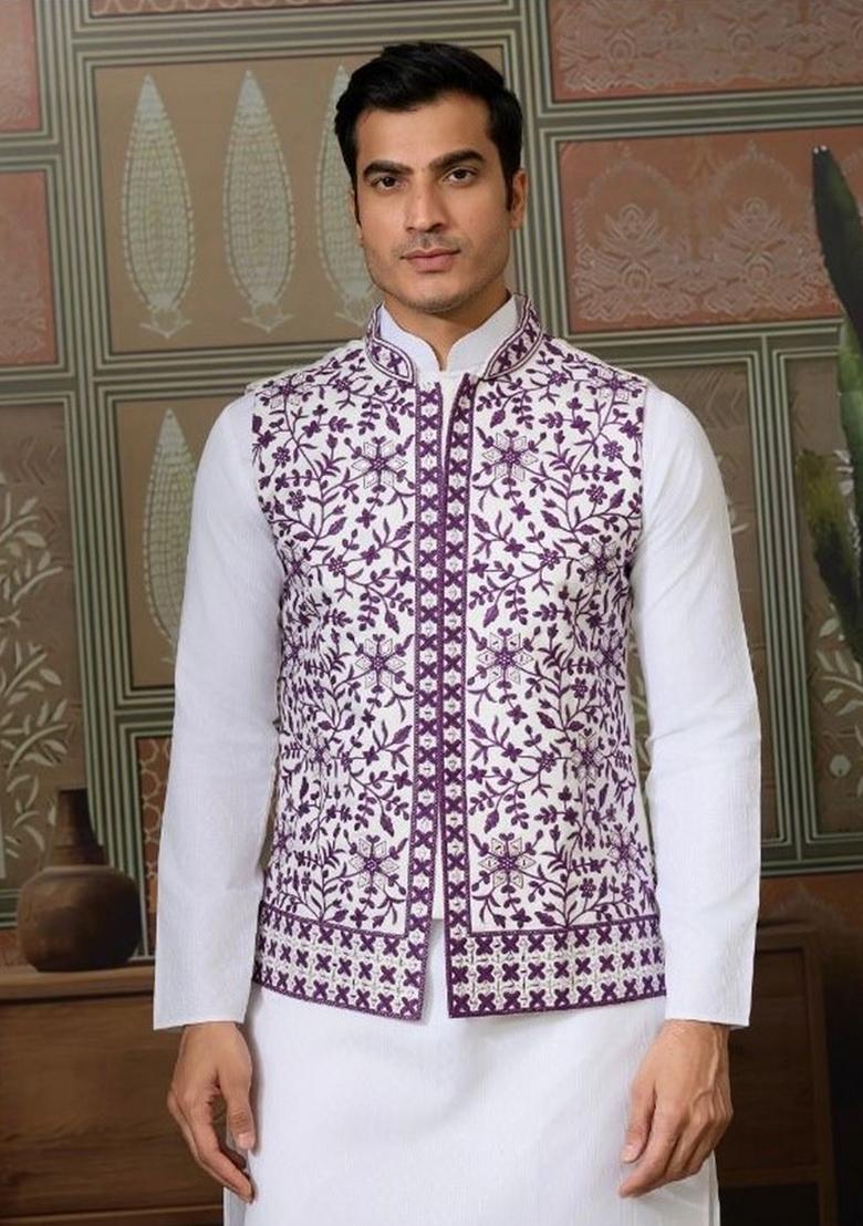 Purple Embroidery Silk Kurta Set For Men - Indya