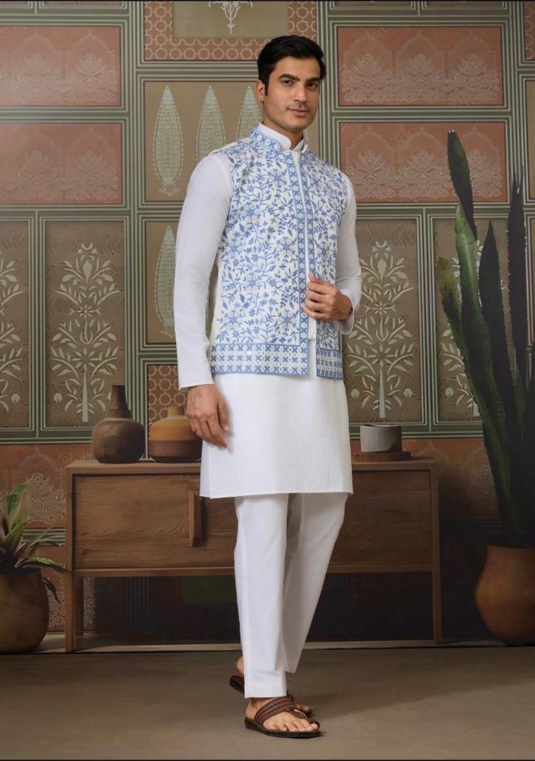 Sky Blue Embroidery Silk Kurta Set For Men - Indya