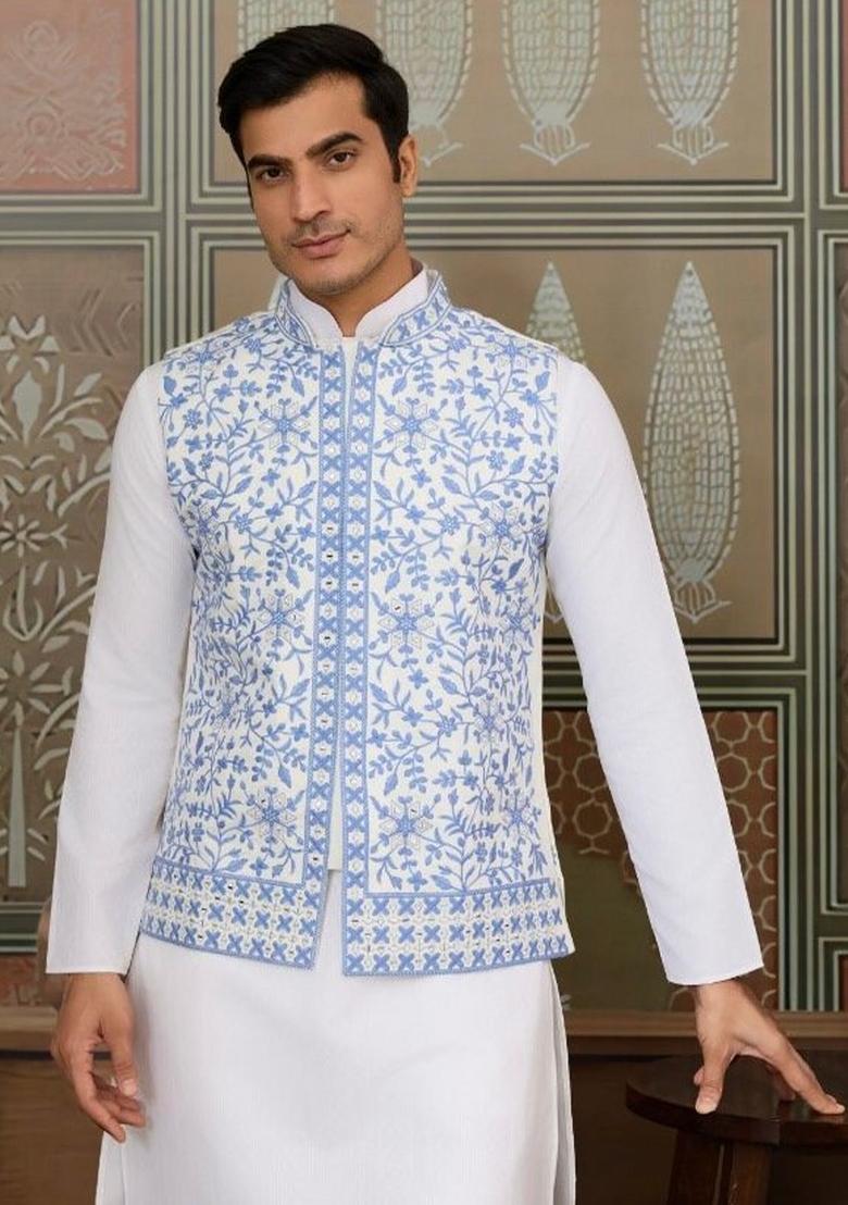 Sky Blue Embroidery Silk Kurta Set For Men - Indya