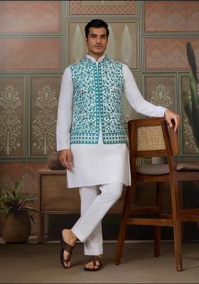 Teal Green Embroidery Silk Kurta Set For Men