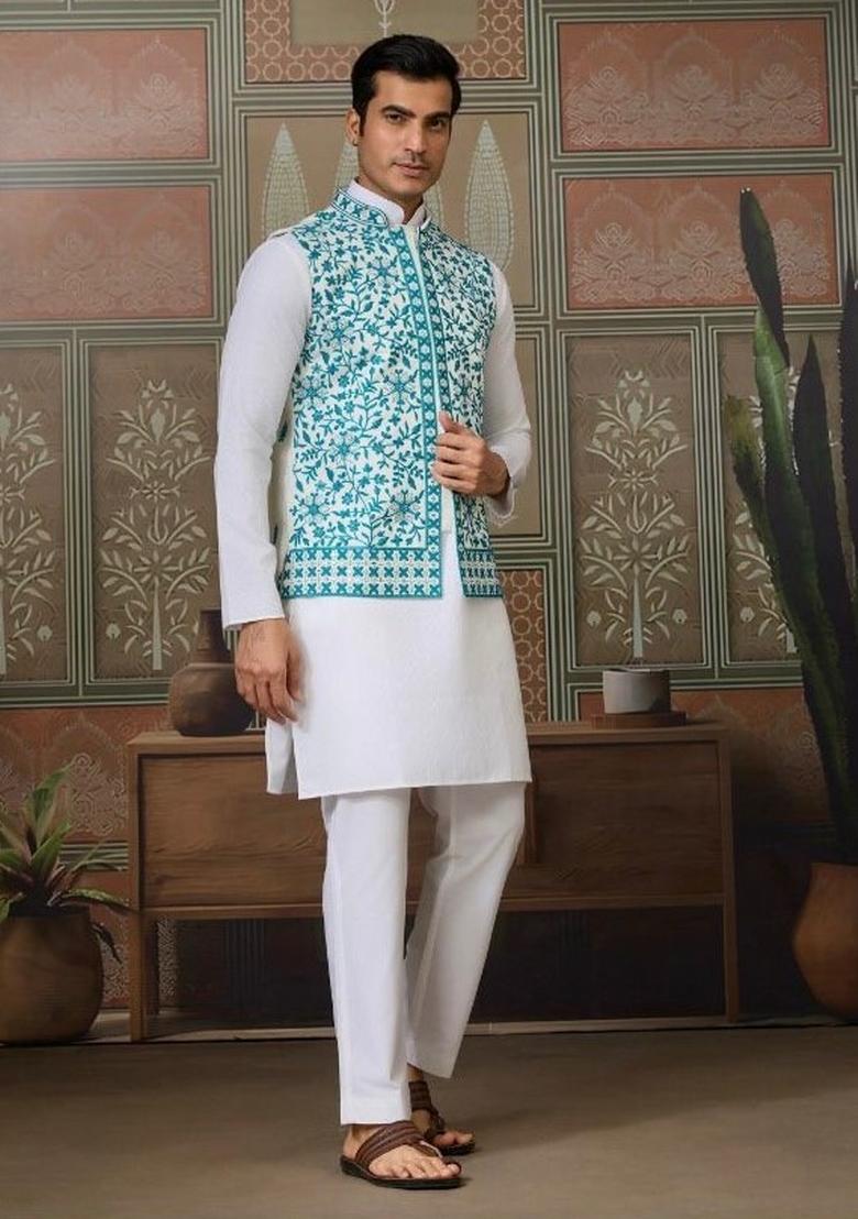 Teal Green Embroidery Silk Kurta Set For Men - Indya