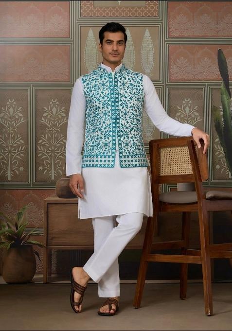 Teal Green Embroidery Silk Blend Kurta Set For Men