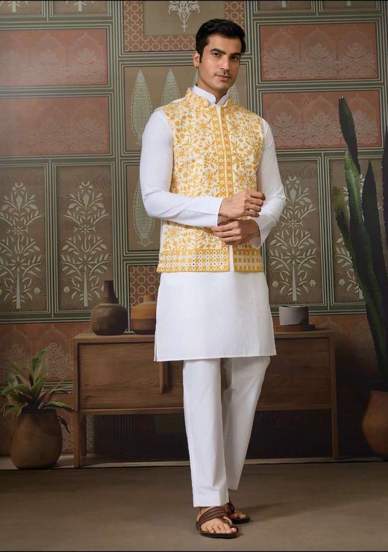Yellow Embroidery Silk Blend Kurta Set For Men - Indya