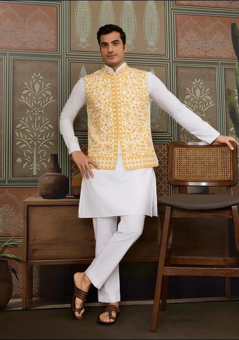 Yellow Embroidery Silk Kurta Set For Men - Indya
