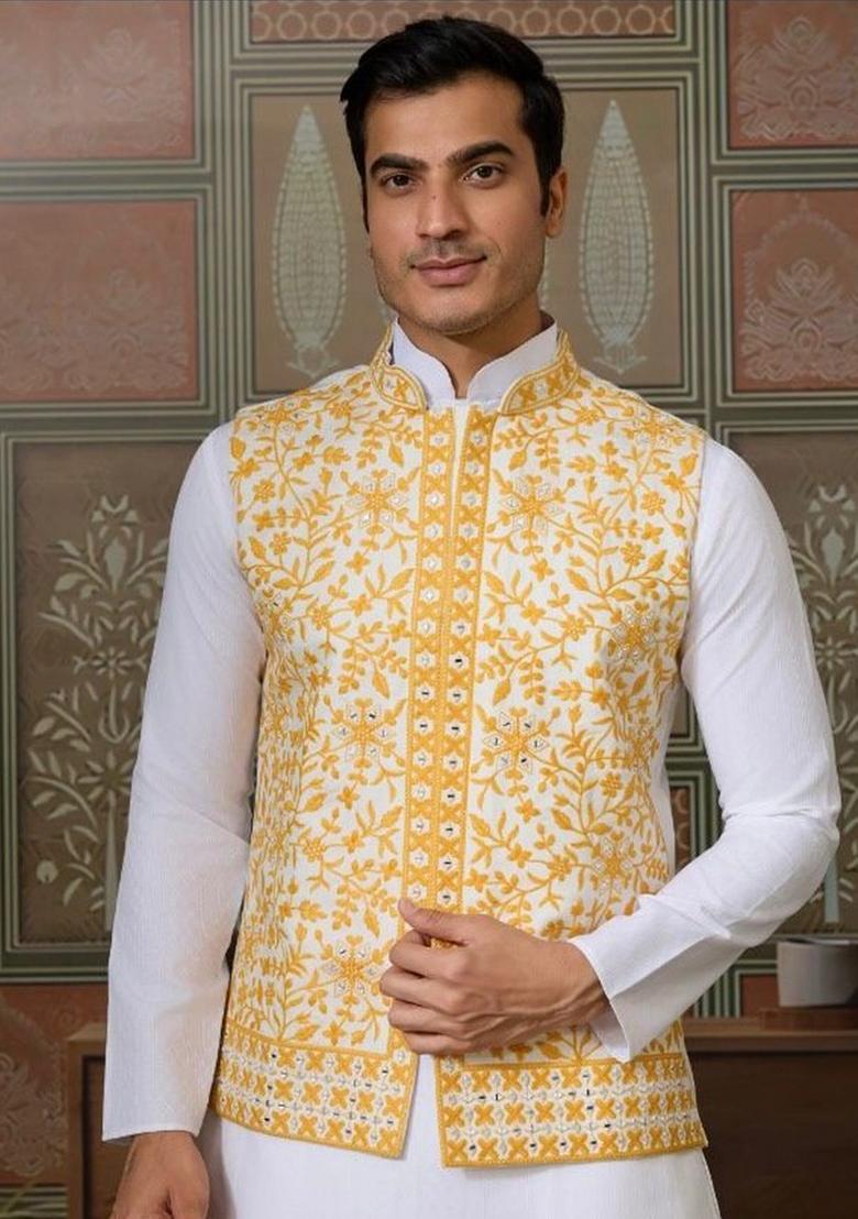 Yellow Embroidery Silk Kurta Set For Men - Indya