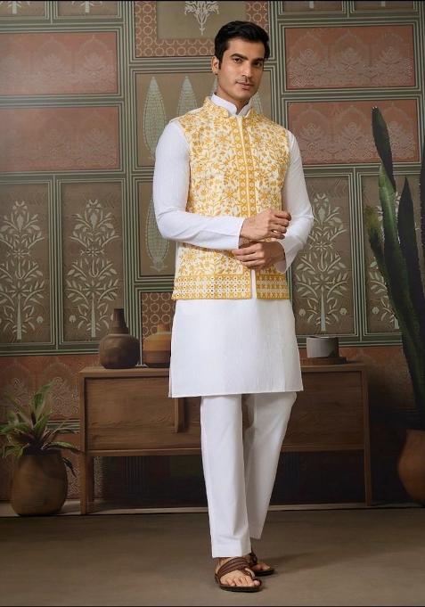 Yellow Embroidery Silk Blend Kurta Set For Men