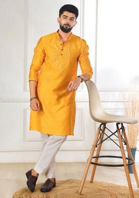 Yellow Woven Jacquard Kurta Set For Men