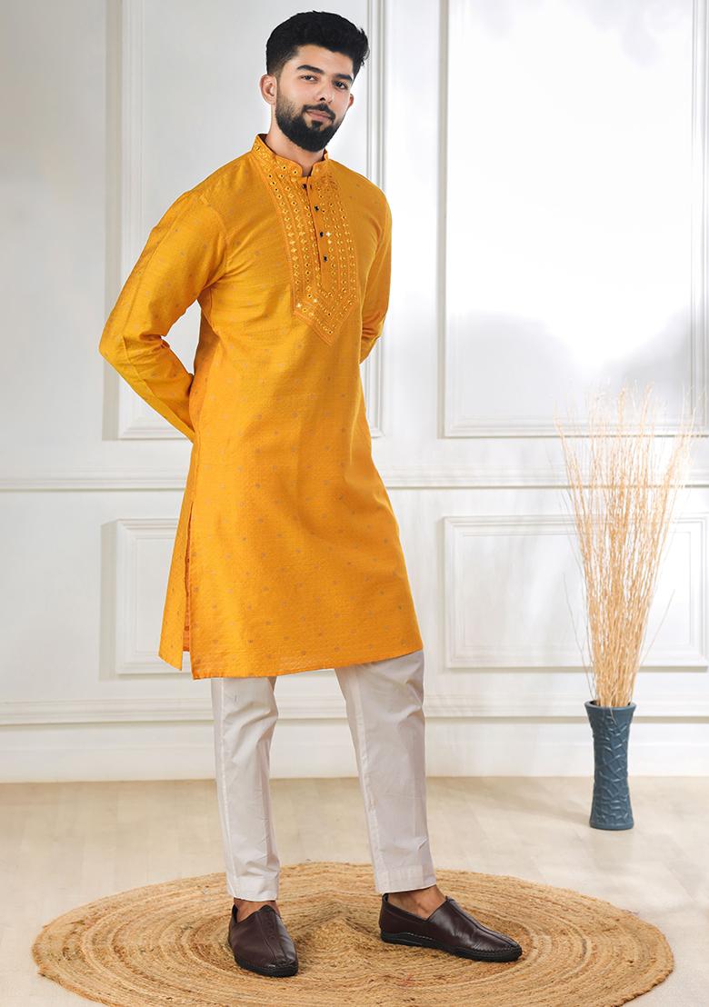 Yellow Woven Jacquard Kurta Set For Men - Indya