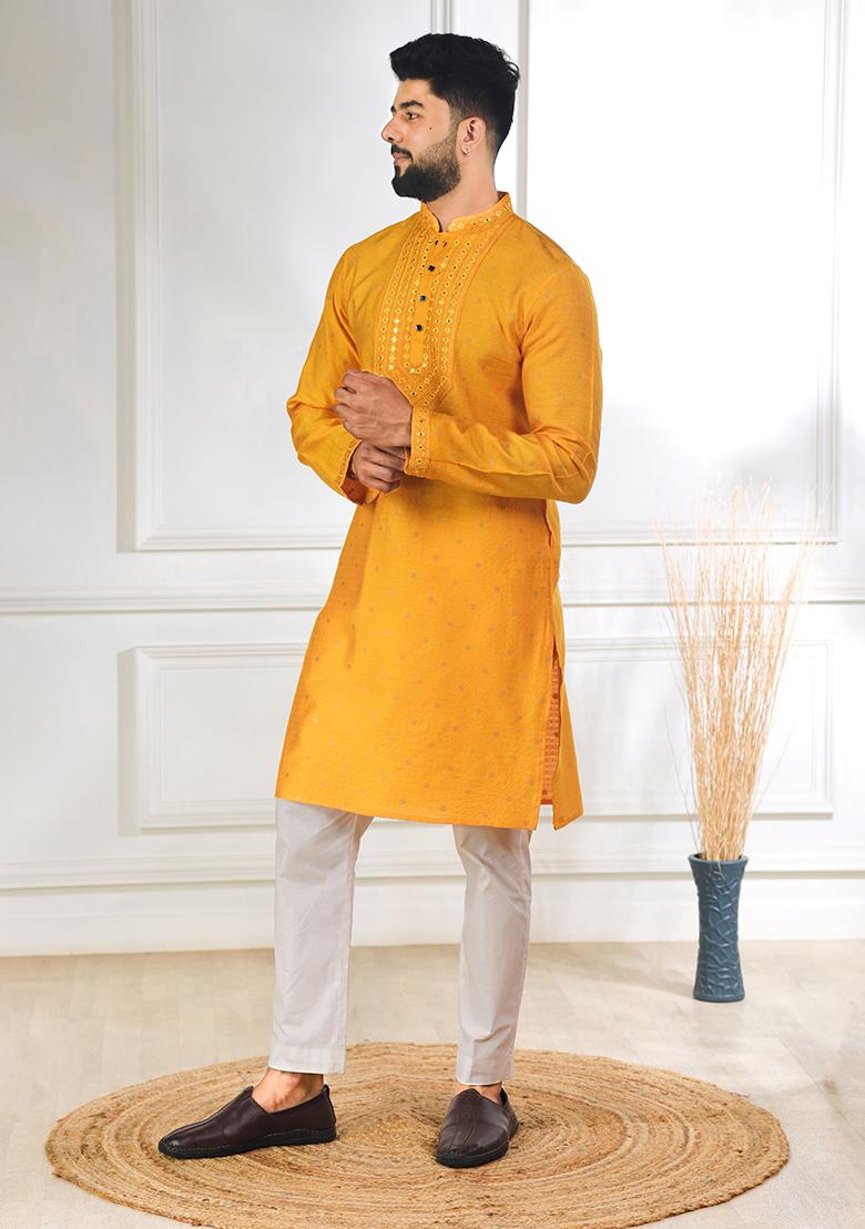 Yellow Woven Jacquard Kurta Set For Men - Indya