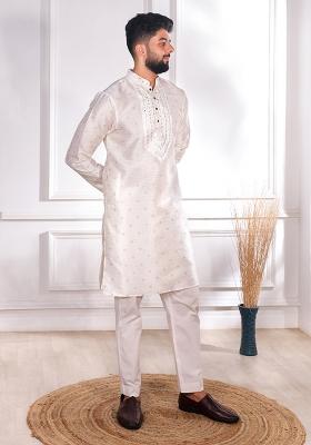 White Woven Jacquard Kurta Set For Men
