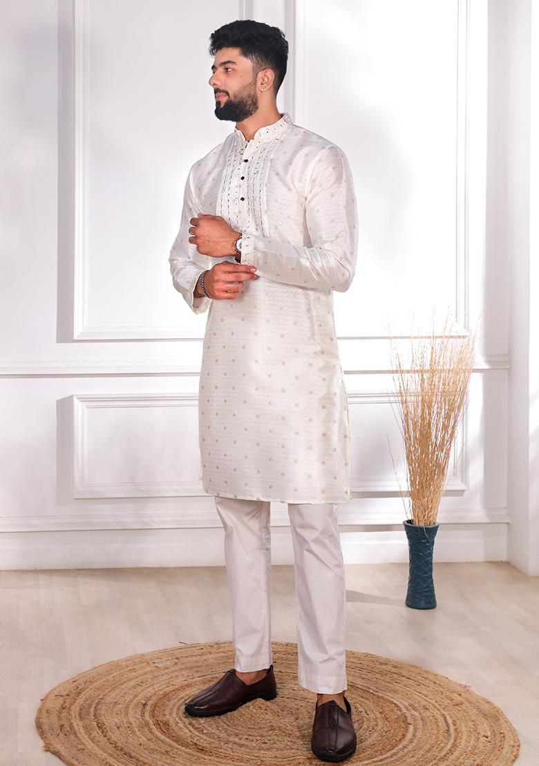White Woven Jacquard Kurta Set For Men - Indya
